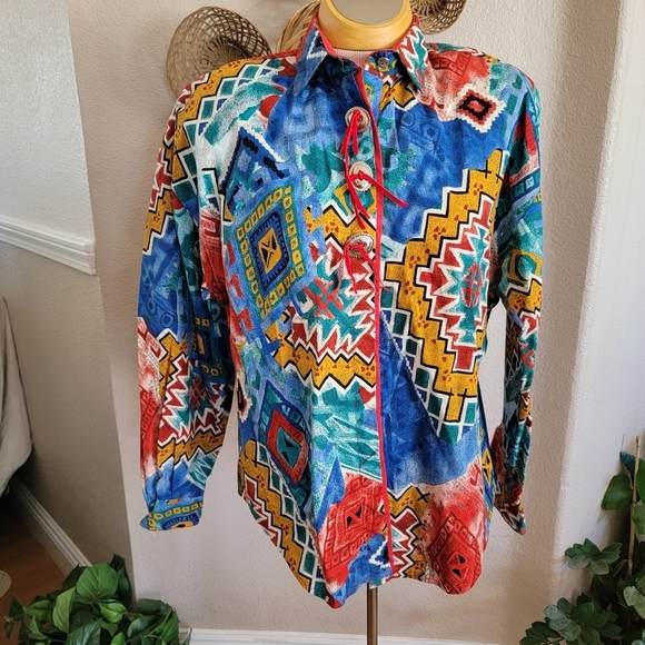 Circle T Tops - Vintage Western Circle T LS Shirt SZ L Bright Multi-Color
